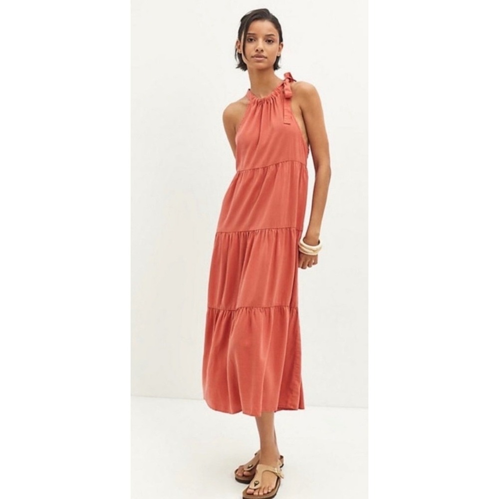 Anthropologie Cloth & Stone Rust Orange Tencel Tiered Halter Midi Dress Small